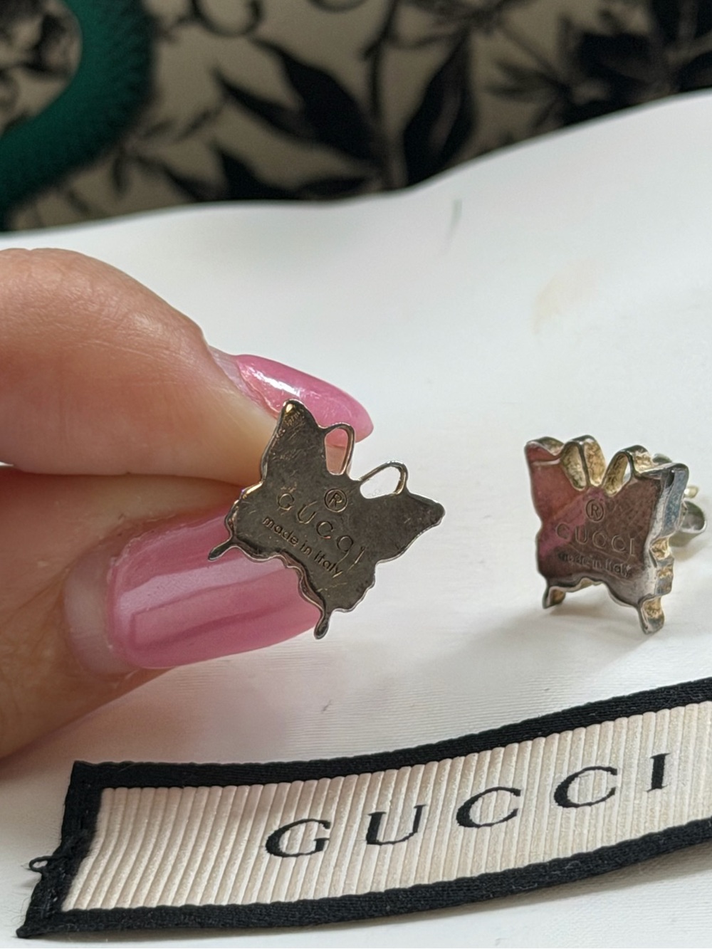 Gucci Silver Butterfly Stud Earrings with Pink Accents